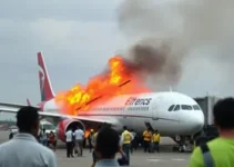 reação dos passageiros do avião com motor em chamas