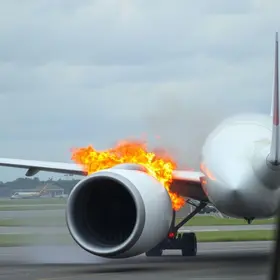 motor de avião em chamas